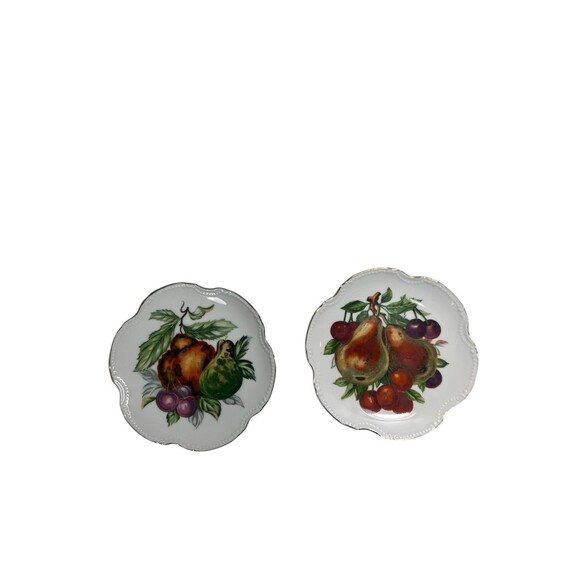 VTG Lego Wall Hanging Porcelain Plate Fruit Gold Trim Deco 6" Japan Set Of 2 - Picture 7 of 11